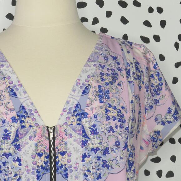 City Chic Purple Floral Draped Zipper Front V-Neck Dress - Picture 2 of 10